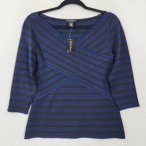 WHBM Shirt Womens Small Navy Blue Striped 3/4 Sleeve Knit Crossover Peplum NEW